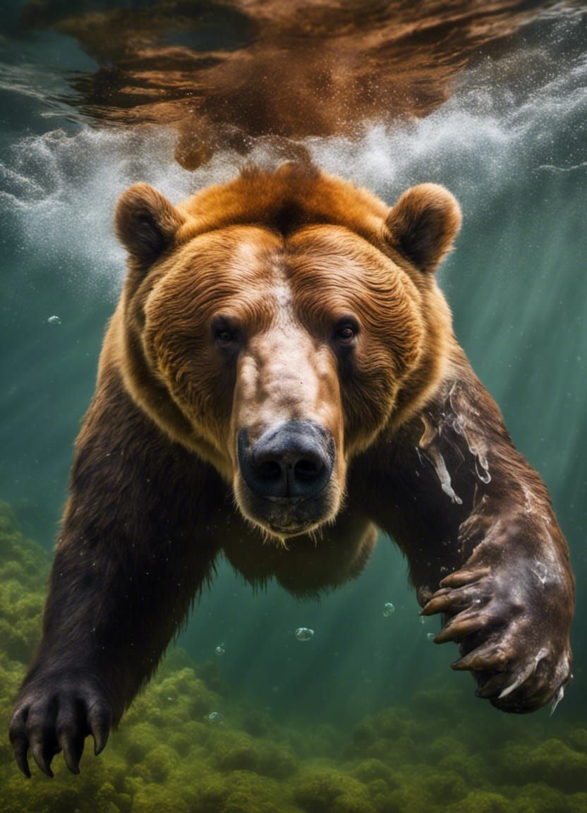 incredible aquatic Kodiak Bear, diving under water to catch fish
