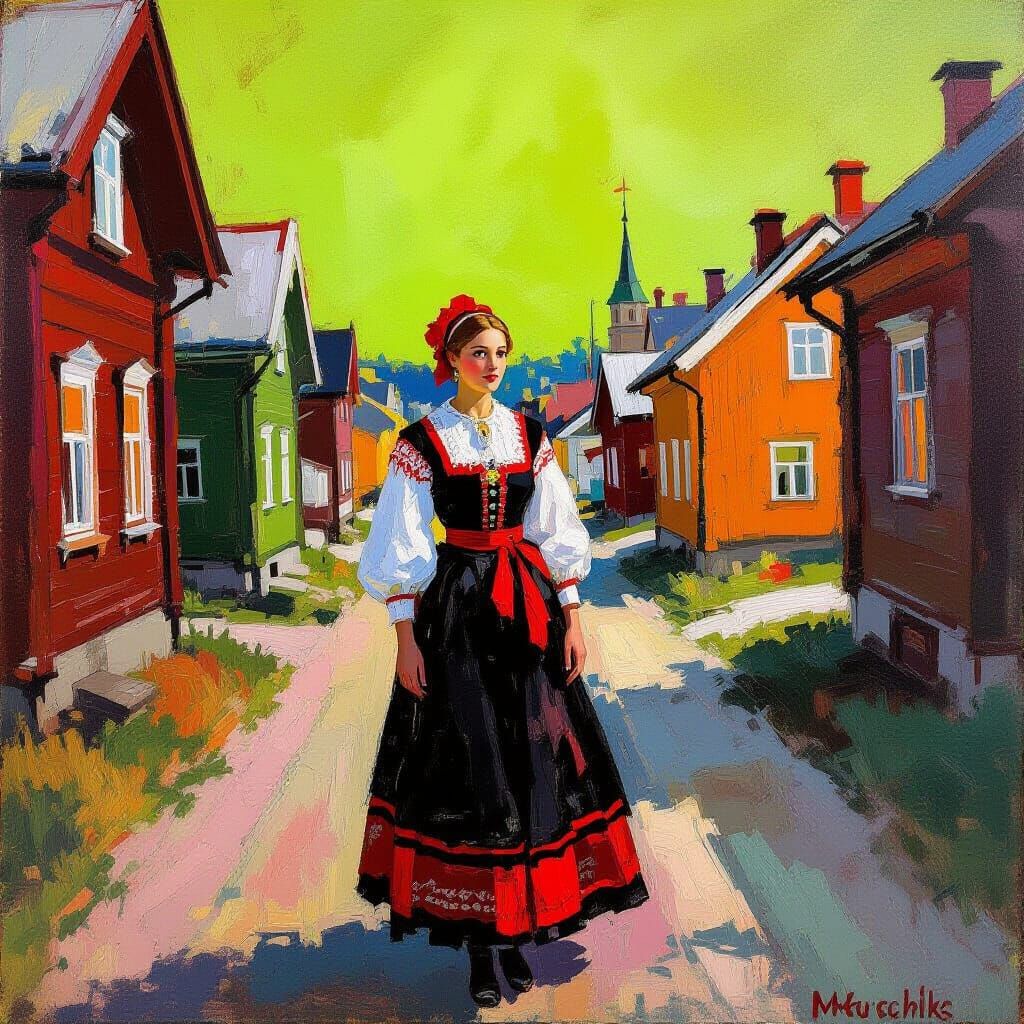 Finnish Woman in Neon Town, Expressionist Painting