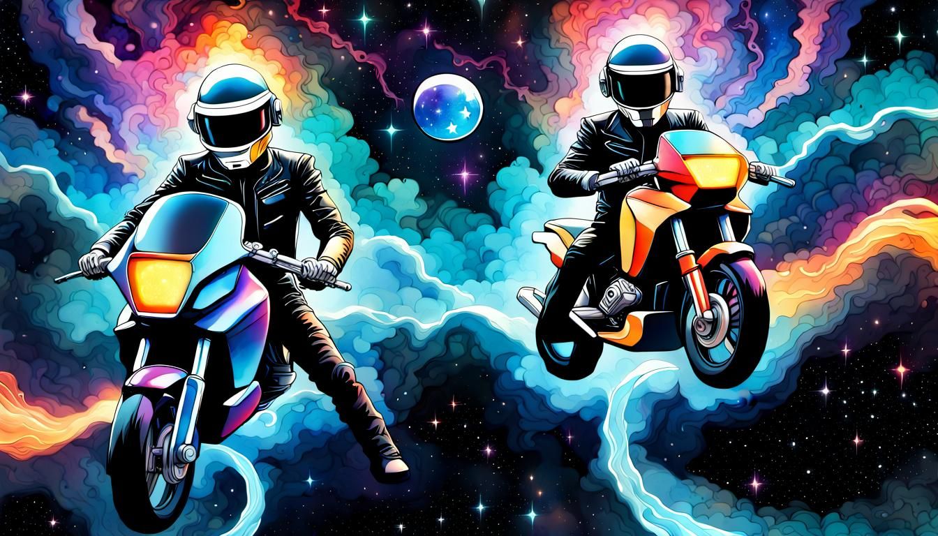 Daft Punk in Space: Watercolour and Ink Illustration