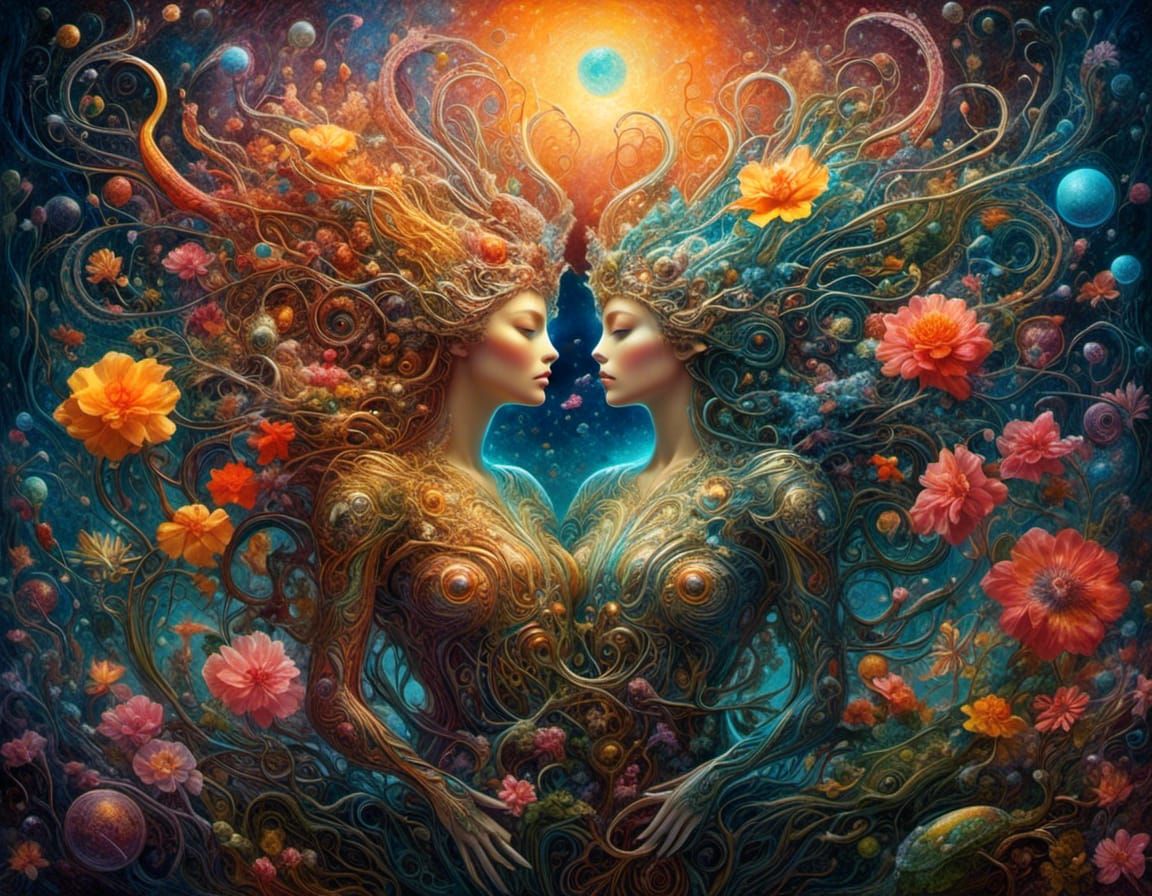 Celestial Garden: Alien Princesses Embrace in Cosmic Fantasy