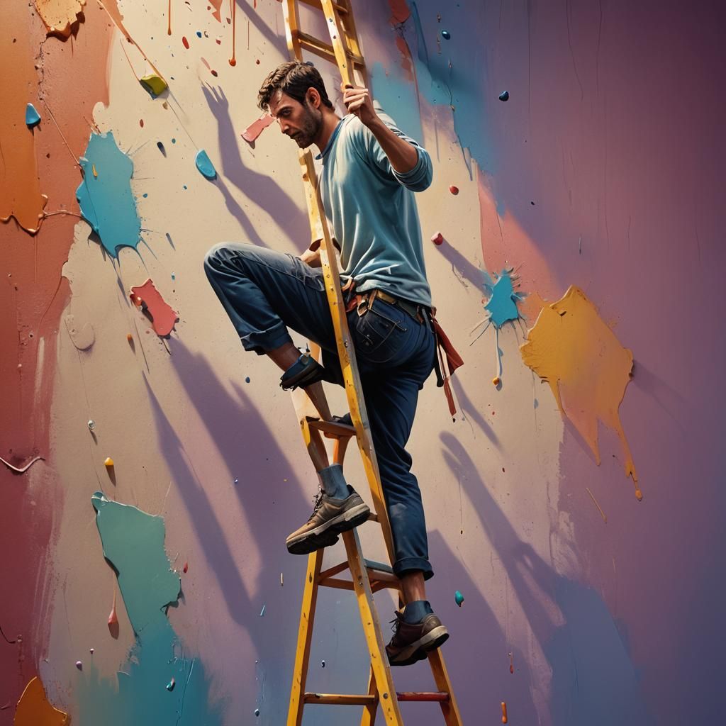 Hyperrealistic Man Climbing Ladder in Splash Art Style