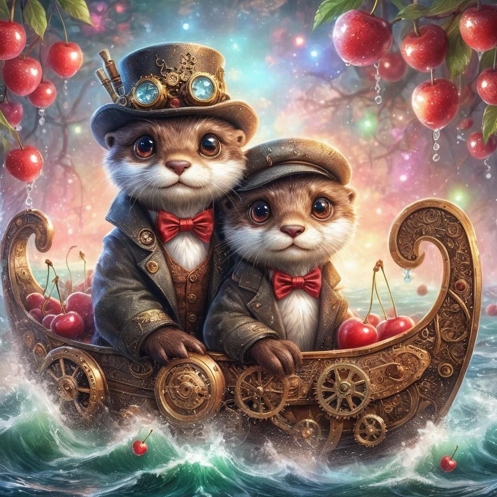 Steampunk Otters in Boat with Cherries