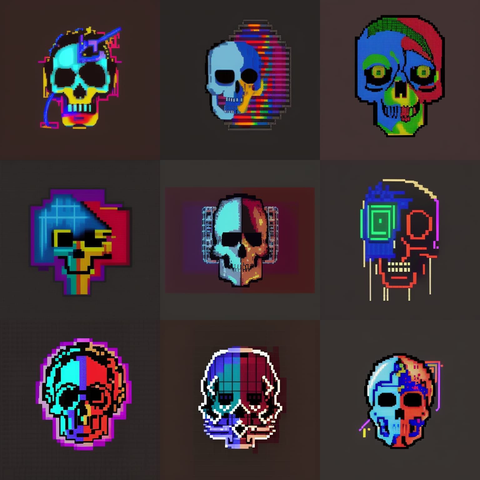Neon Skull in 8-bit Pixel Art Style