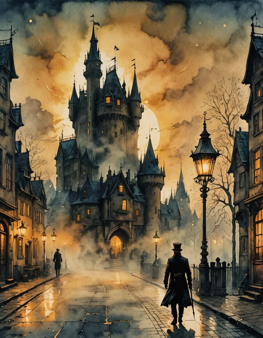 Steampunk Castle Silhouette in Ink Painting