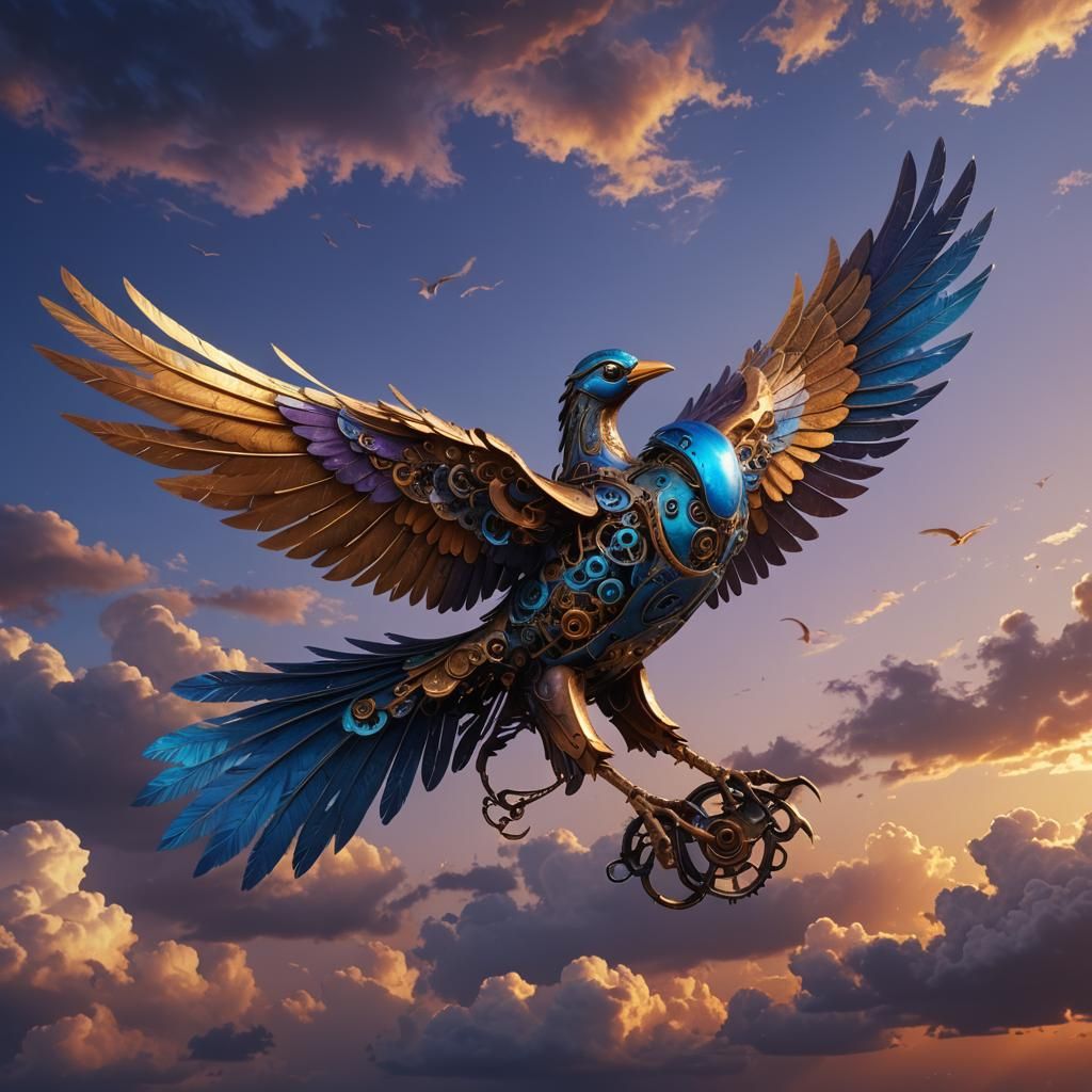 Metal Bird with Glowing Accents in Fantasy Sky
