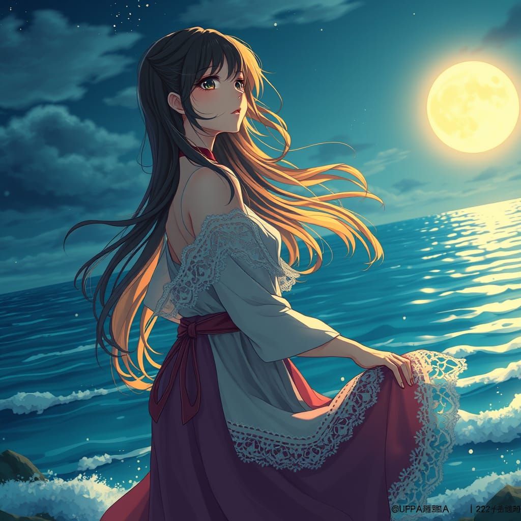 Anime Style Woman at Moonlit Ocean Edge