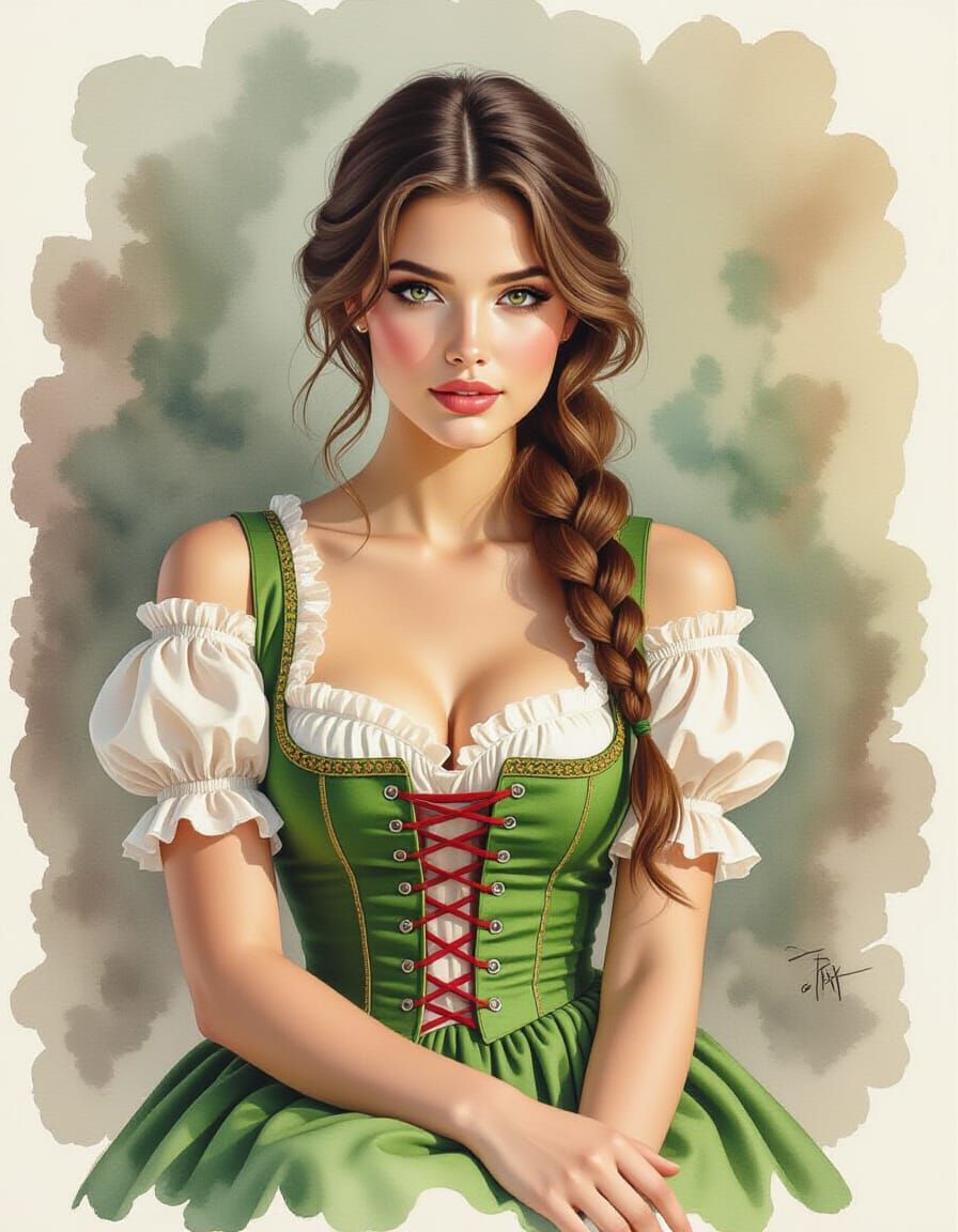 Photorealistic Portrait of Woman in Green Dirndl