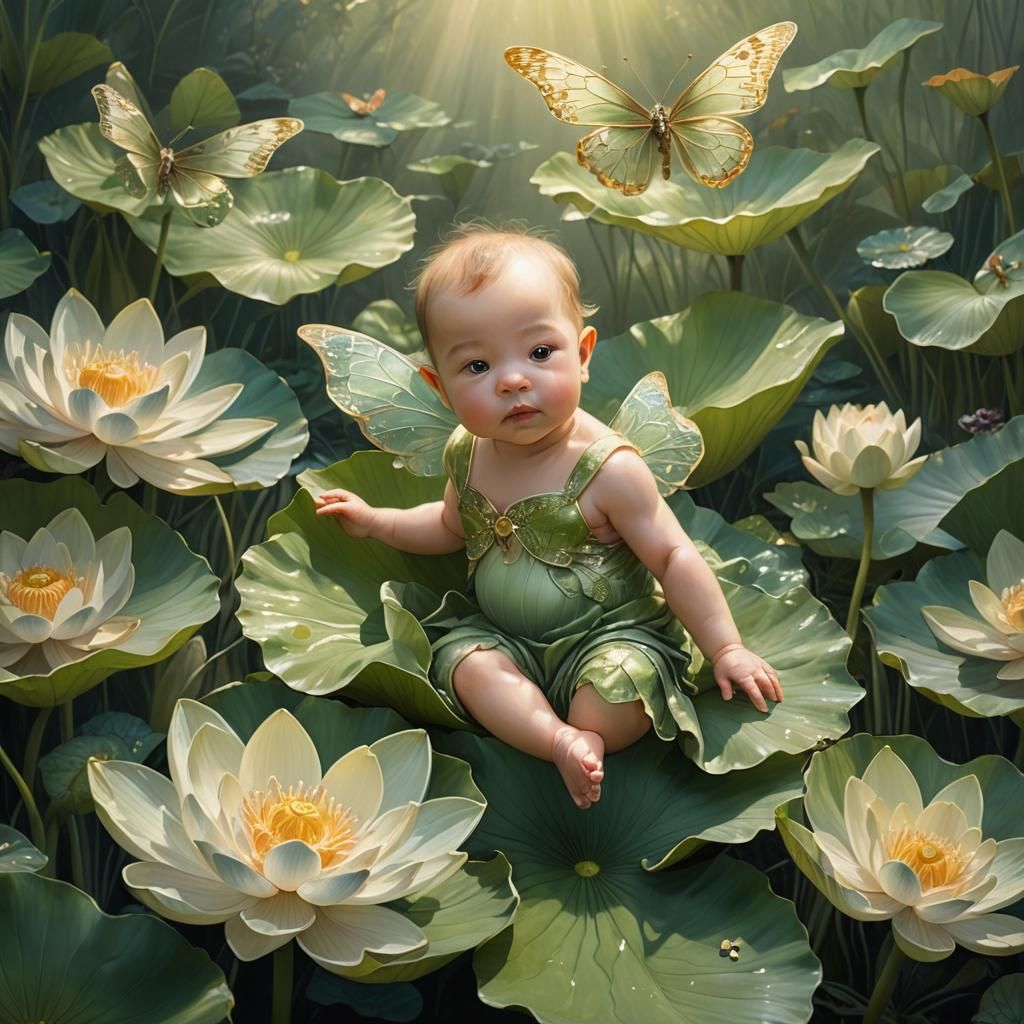 Baby with Butterfly Wings on Lotus in Ethereal Style