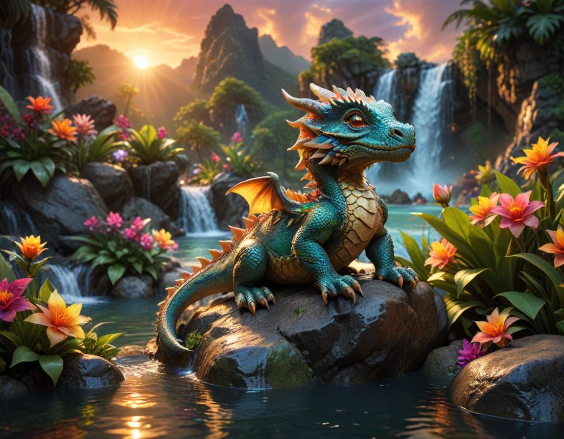 Baby Dragon in Tropical Lagoon at Sunset
