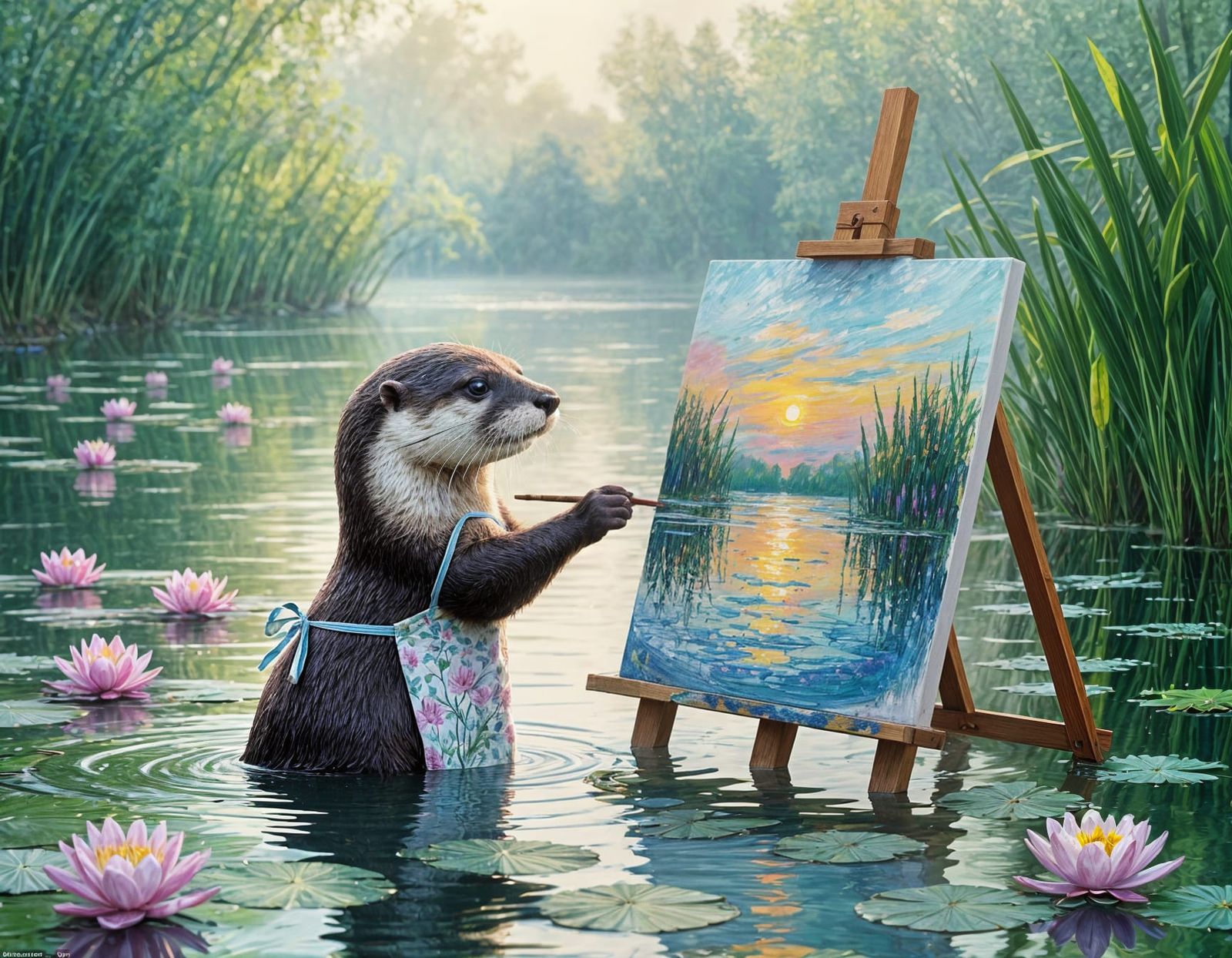 Otter Paints Abstract Art by River at Dawn in Impressionisti...