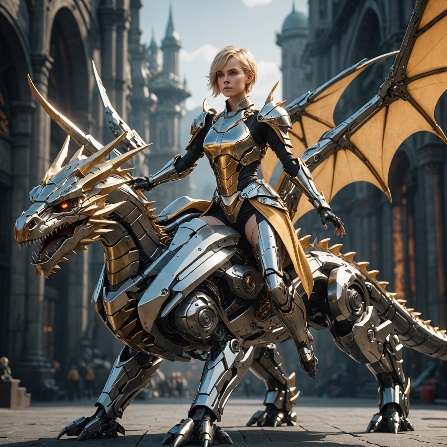 Woman on Mecha Dragon in Futuristic Sci-Fi Style