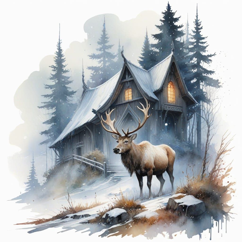 Norse Stave Church Under Northern Lights