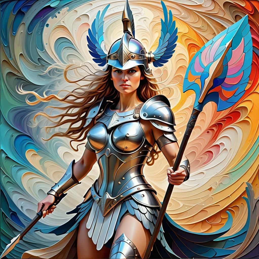 Beautiful valkyrie with spear and magic helmet in Valhalla a...