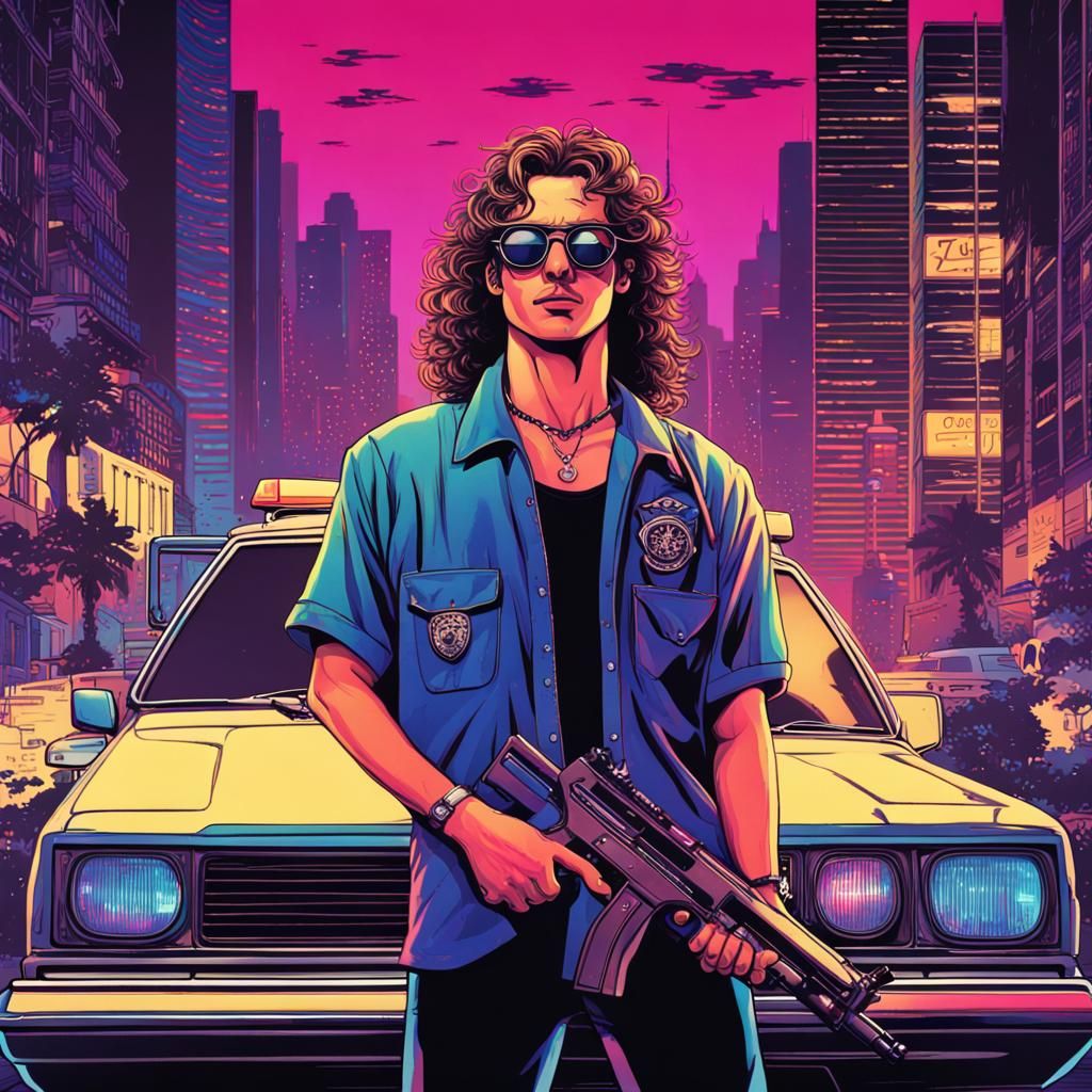 Synthwave 80s Poster of Man with Gun and Car