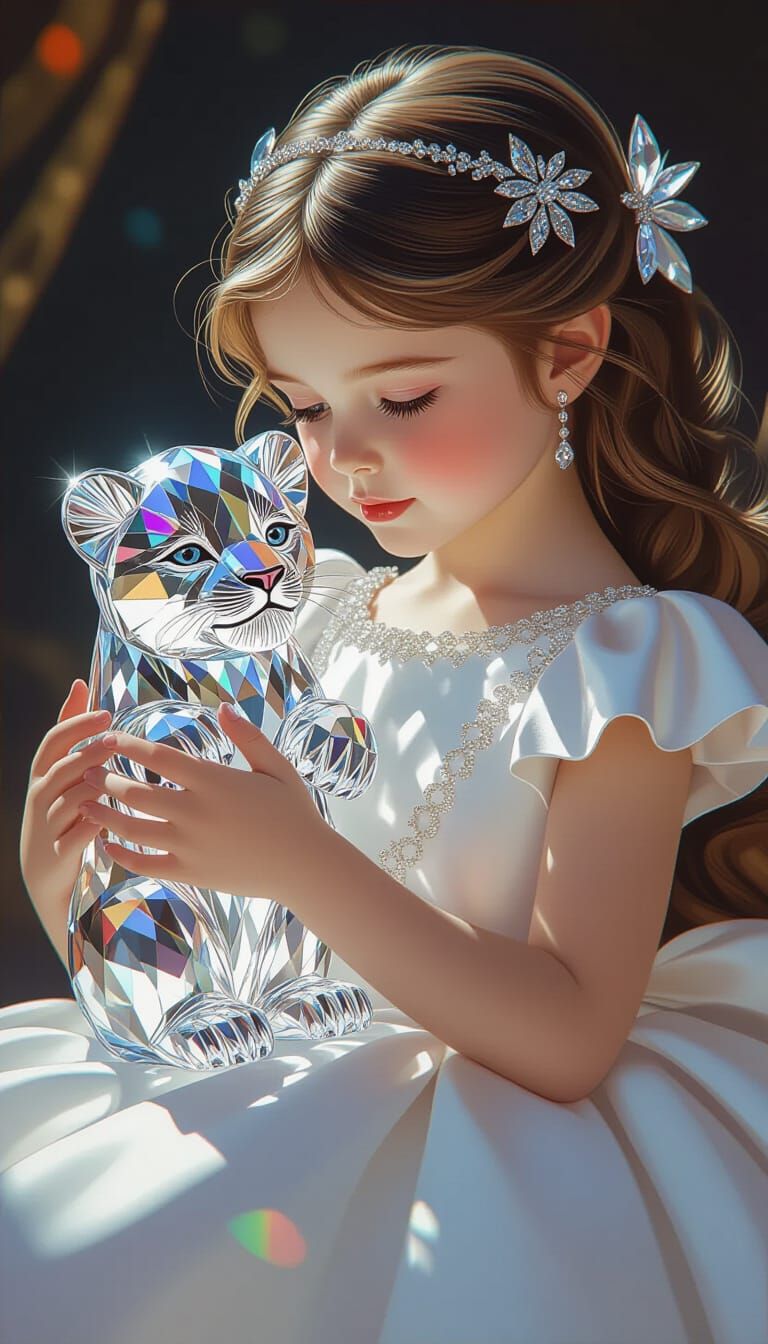Girl Holding Crystalline Lion Cub in Fantasy Art Style