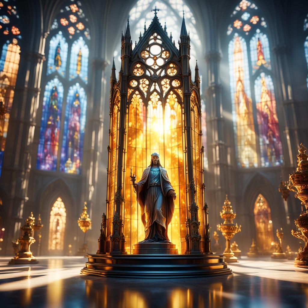 Glass Cathedral and Statue in Hyperrealistic Style