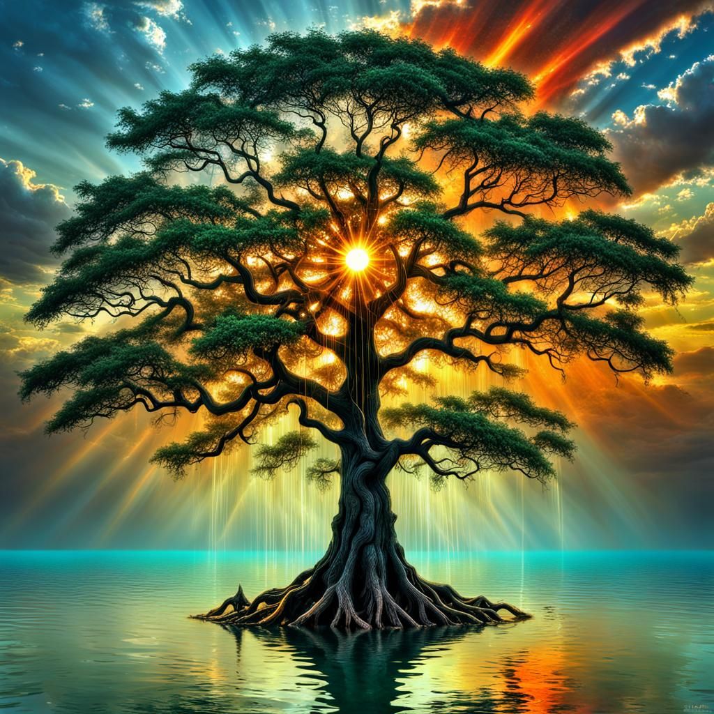 Tree Bathed in Sunlight: A Hyperrealistic Digital Art