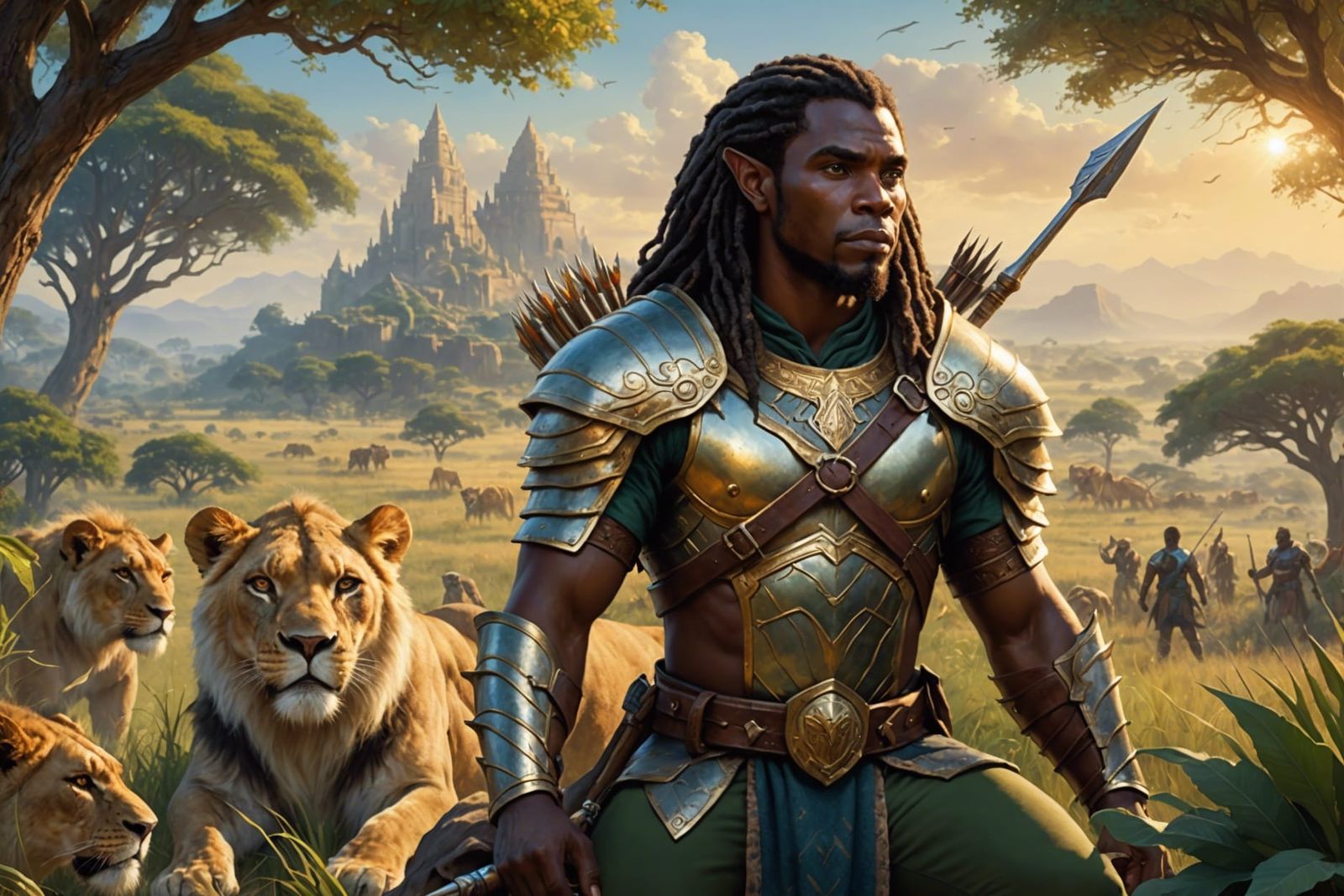 Armored African Elf in Savanna, Hyperdetailed Fantasy