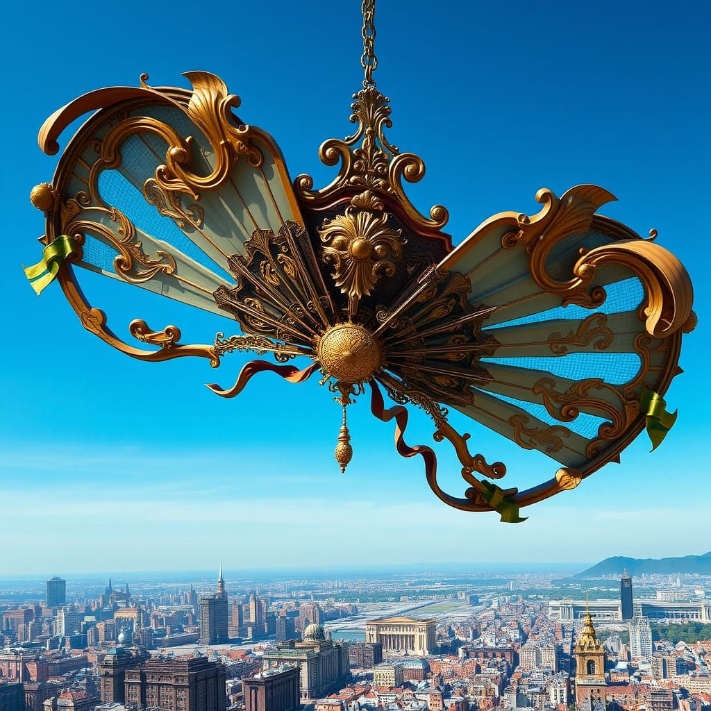 Giant Art Nouveau Fan Threatens City Under Blue Sky