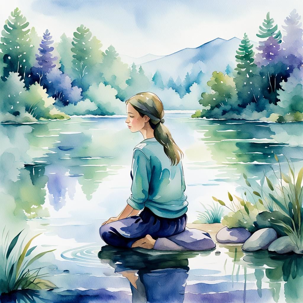Watercolor Woman Meditating in Serene Landscape