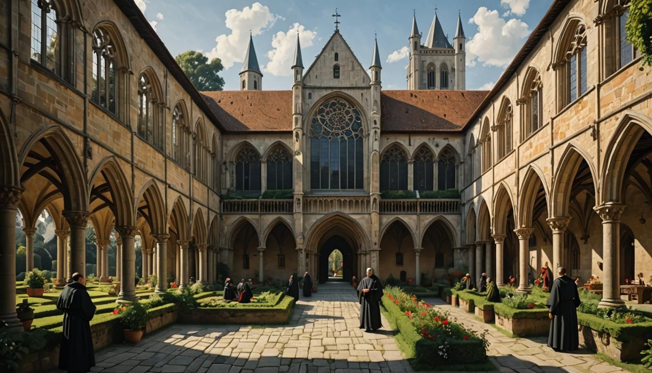 Medieval Abbey in Gothic Style With Monks