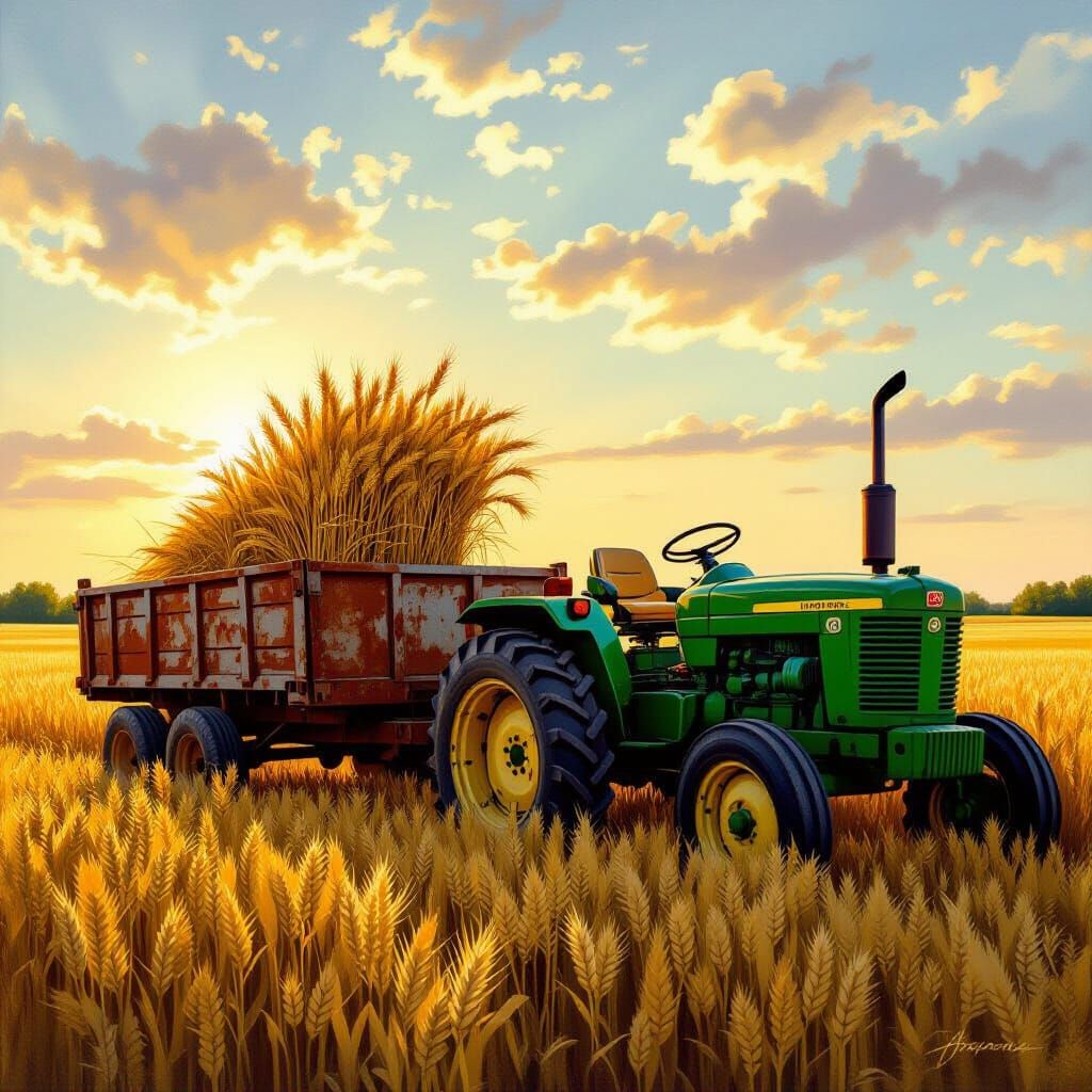 John Deere Tractor Empties Wheat Header into Trailer