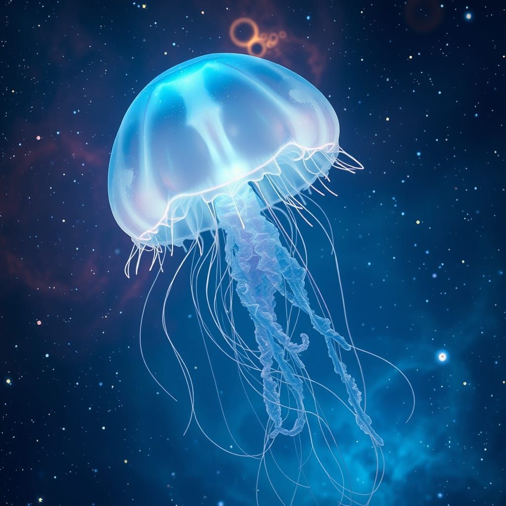 Surreal Cosmic Jellyfish Drifts through Iridescent Nebula