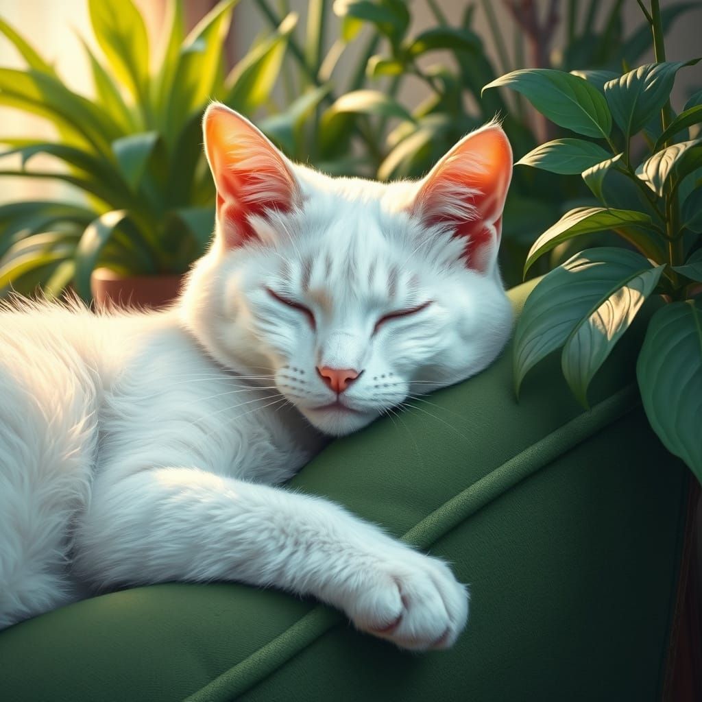 White Cat Sleeping: Hyper-Realistic Oil Painting