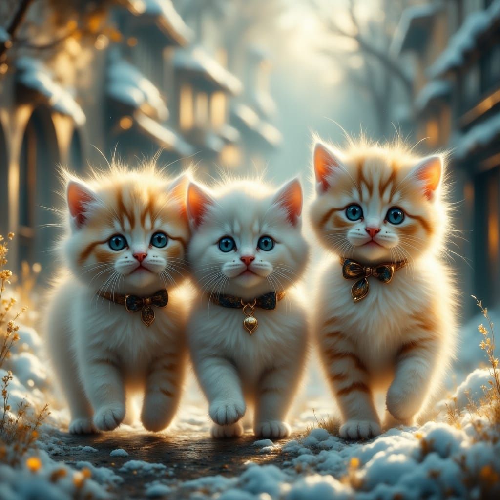 Kittens Stroll Down a Quiet Street in Dreamy Oil Painting