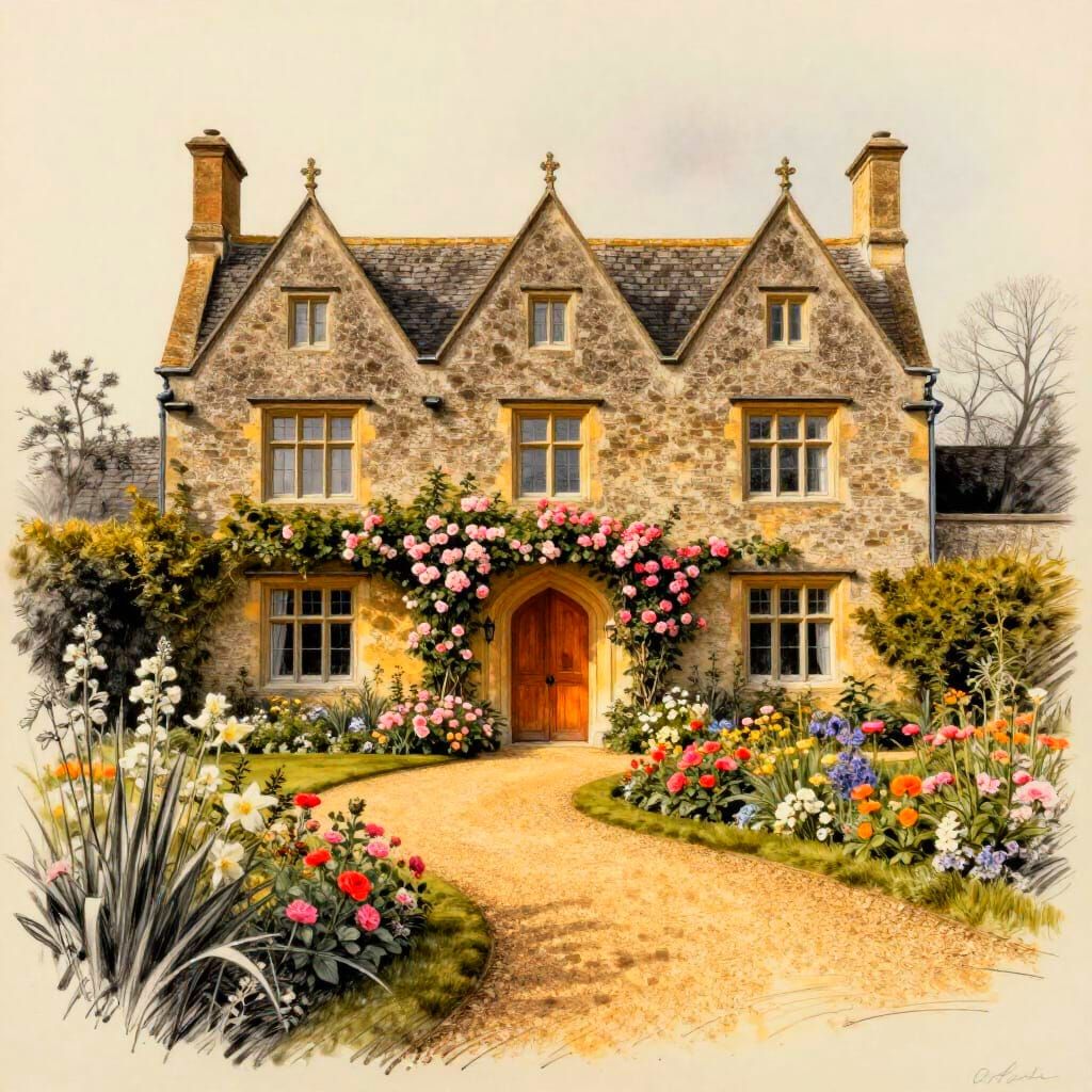 Maximalist Charcoal Sketch of Elegant Countryside Manor