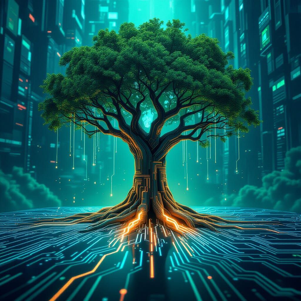 Cyber-Organic Tree Growing From Circuit Board