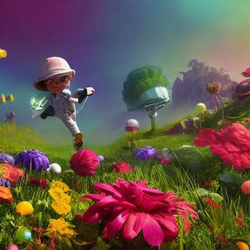 Colorful Extraterrestrials Admiring Flowers, Pixar Style