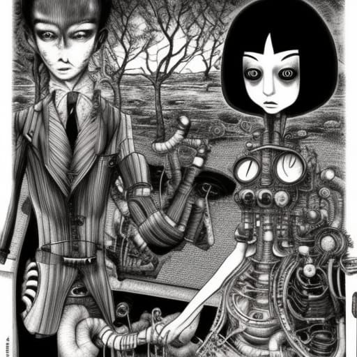 Steampunk Engine in Surreal Style of Junji Ito