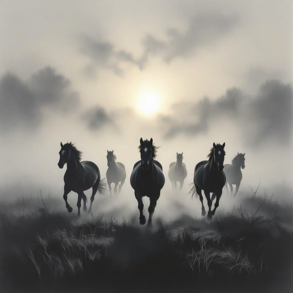 Horses Running Through Misty Field at Sunrise in Charcoal