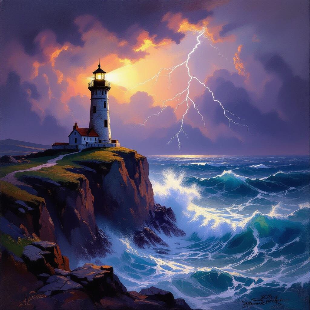 Dramatic Lighthouse in Stormy Seas Oil Painting