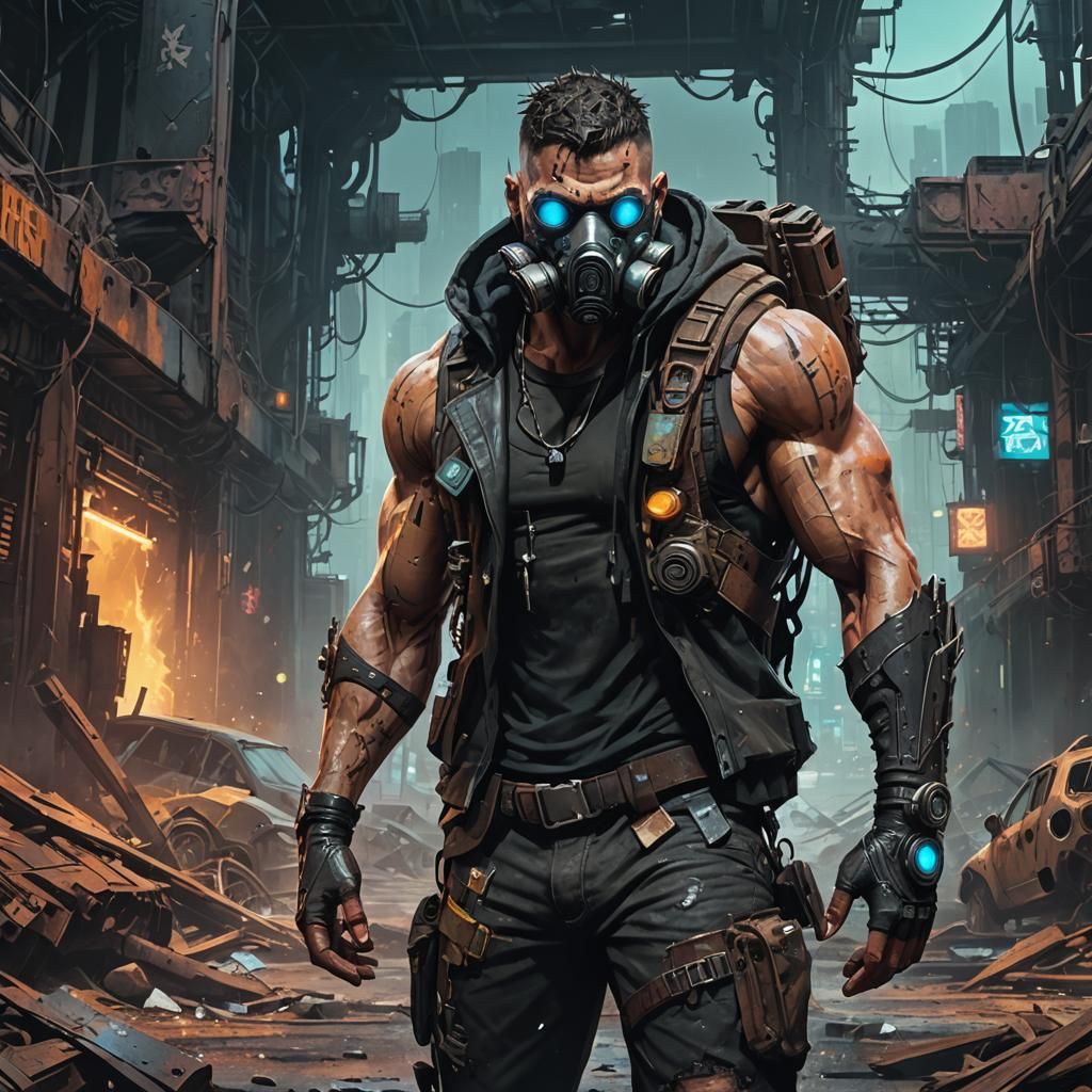 Muscular Wasteland Survivor in Cyberpunk Style