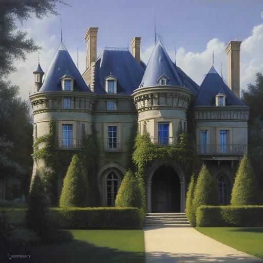 Sinister Blue Roofed Chateau as Oil Painting