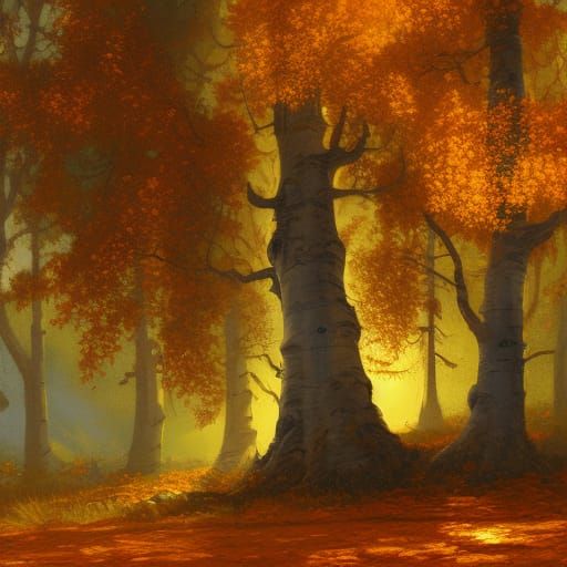 Golden Aspen Tree Oil Painting in Autumn Sunlight