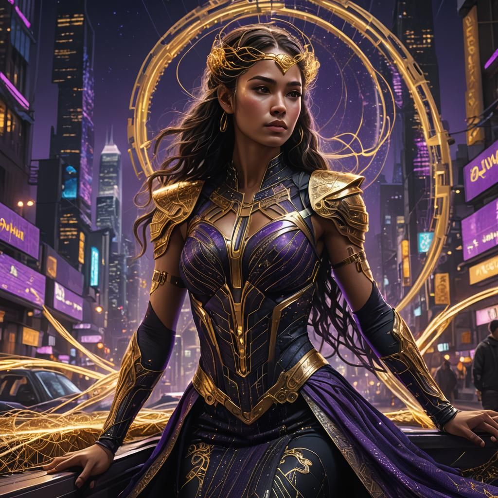 Goddess Weaving Loom in Cyberpunk Cityscape