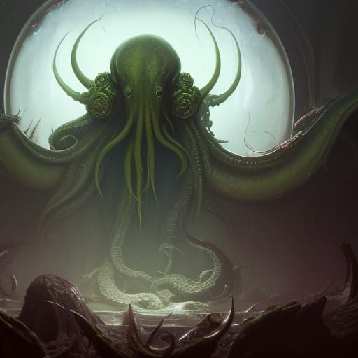 Cthulhu Surrounded by Flowers in Dark Fantasy Art