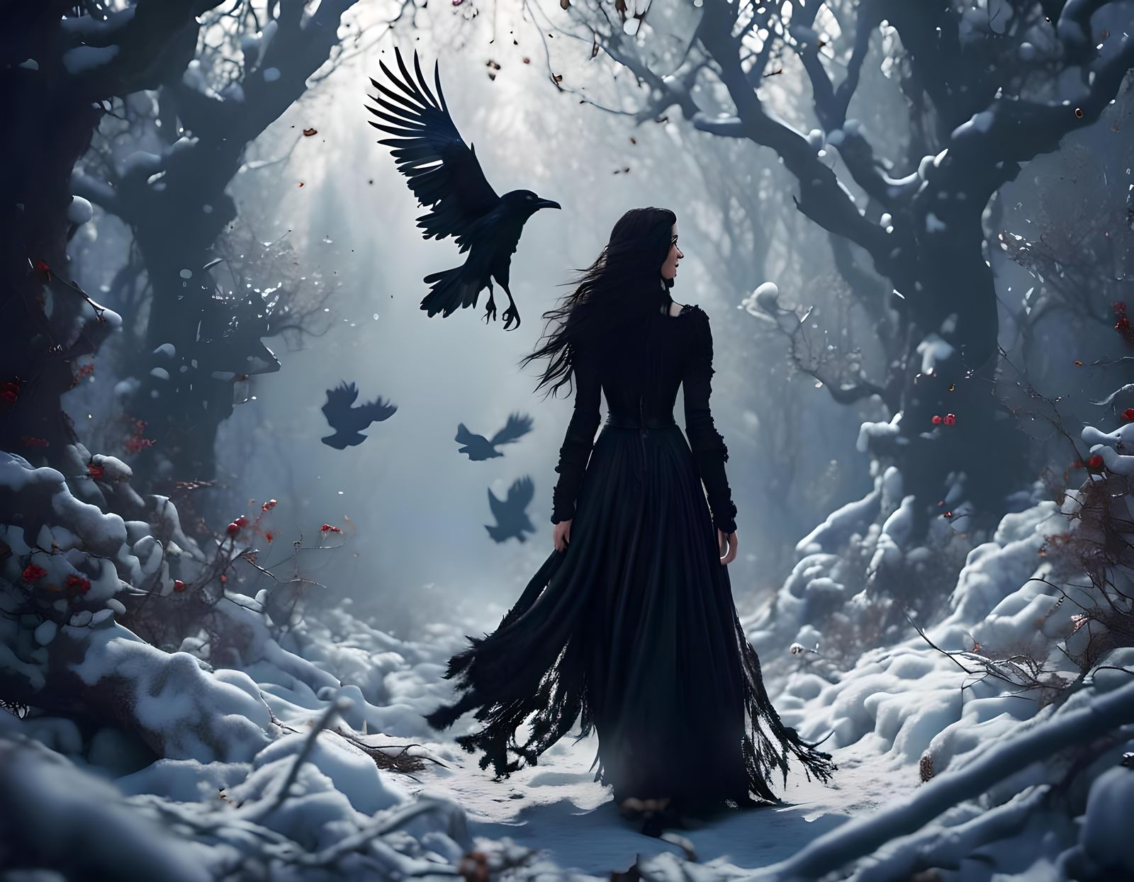 Morena in Snowy Forest with Raven, Detailed Matte Painting