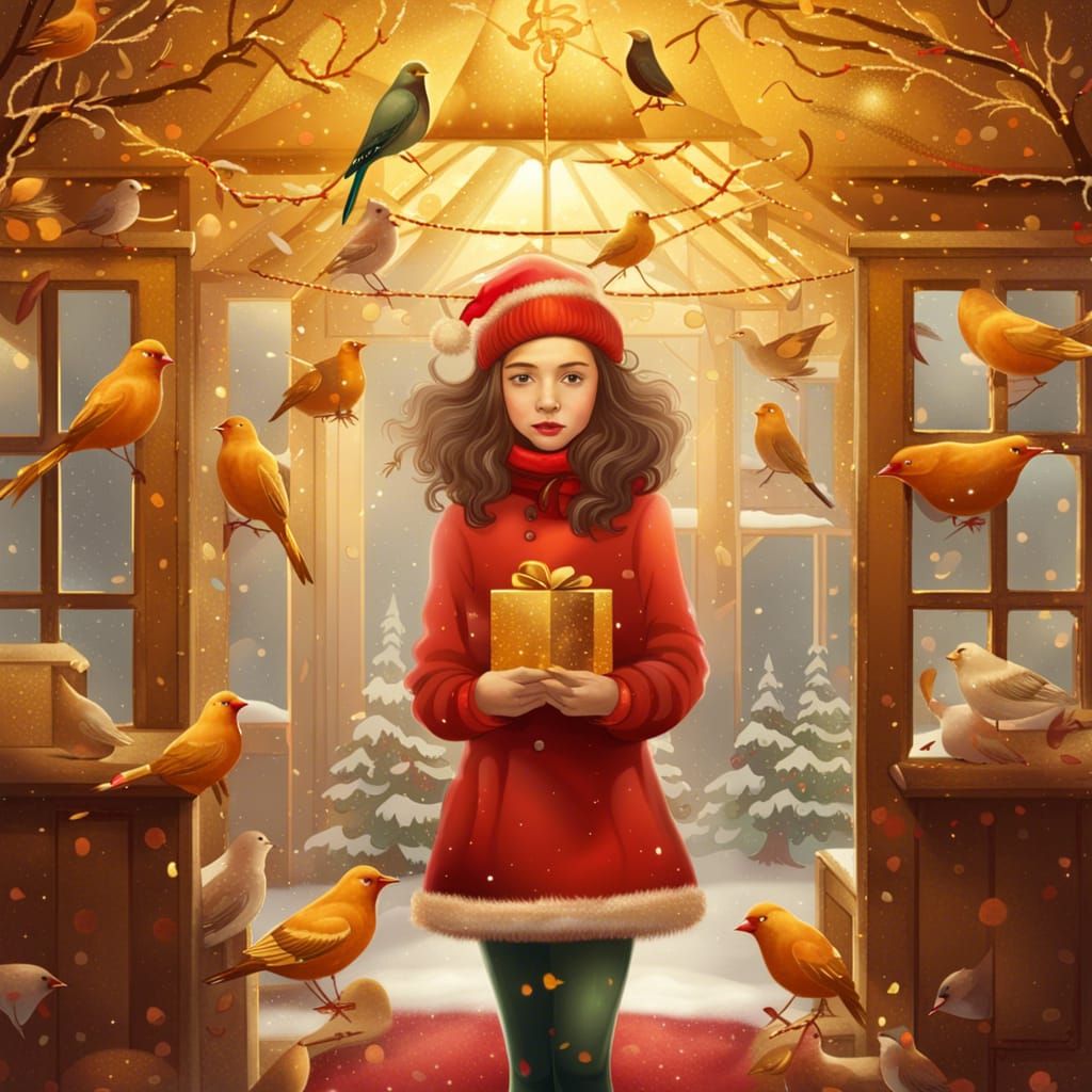 Girl with Birds in Golden Christmas House