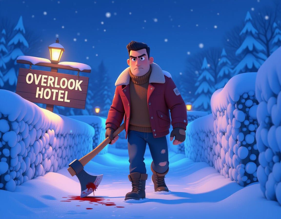 Angry Man in Snowy Maze with Axe, Pixar Style