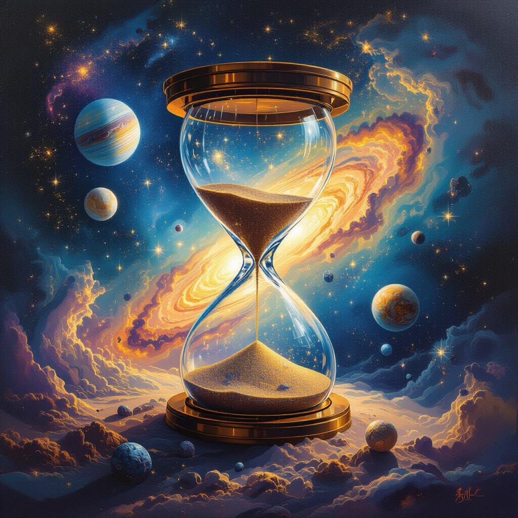 Cosmic Hourglass with Planets and Stars in Surrealist Style