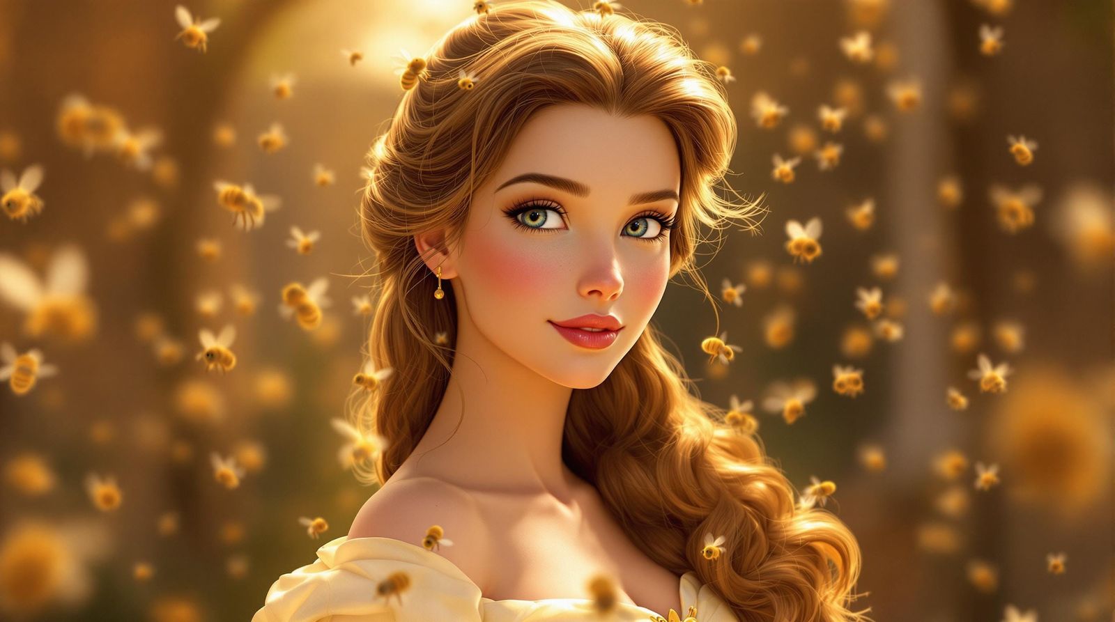 Surreal Fairy Tale Princess Surrounded by Bees in 3D Art