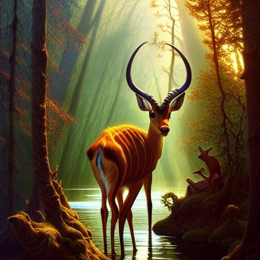 Antelope in Disney Forest Landscape, Digital Art