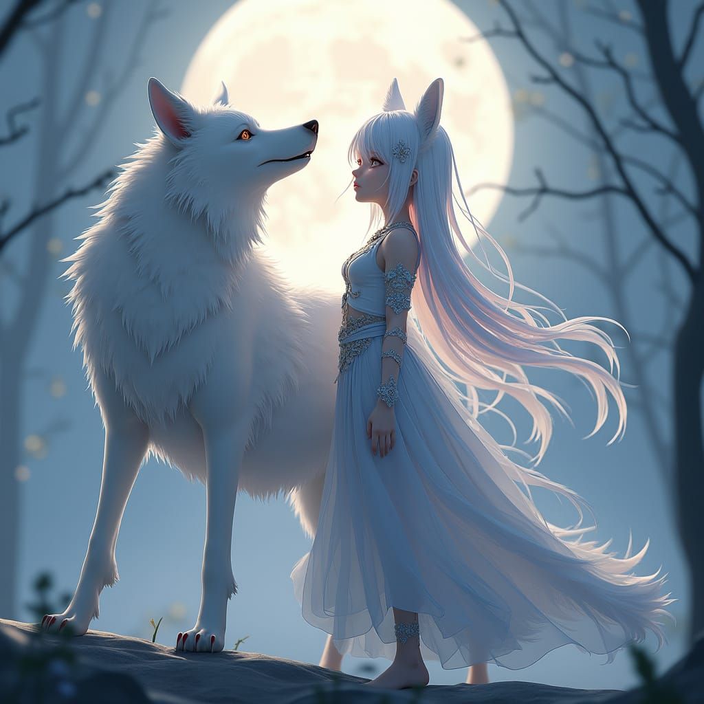 Girl with White Wolf in Moonlit Fantasy Scene