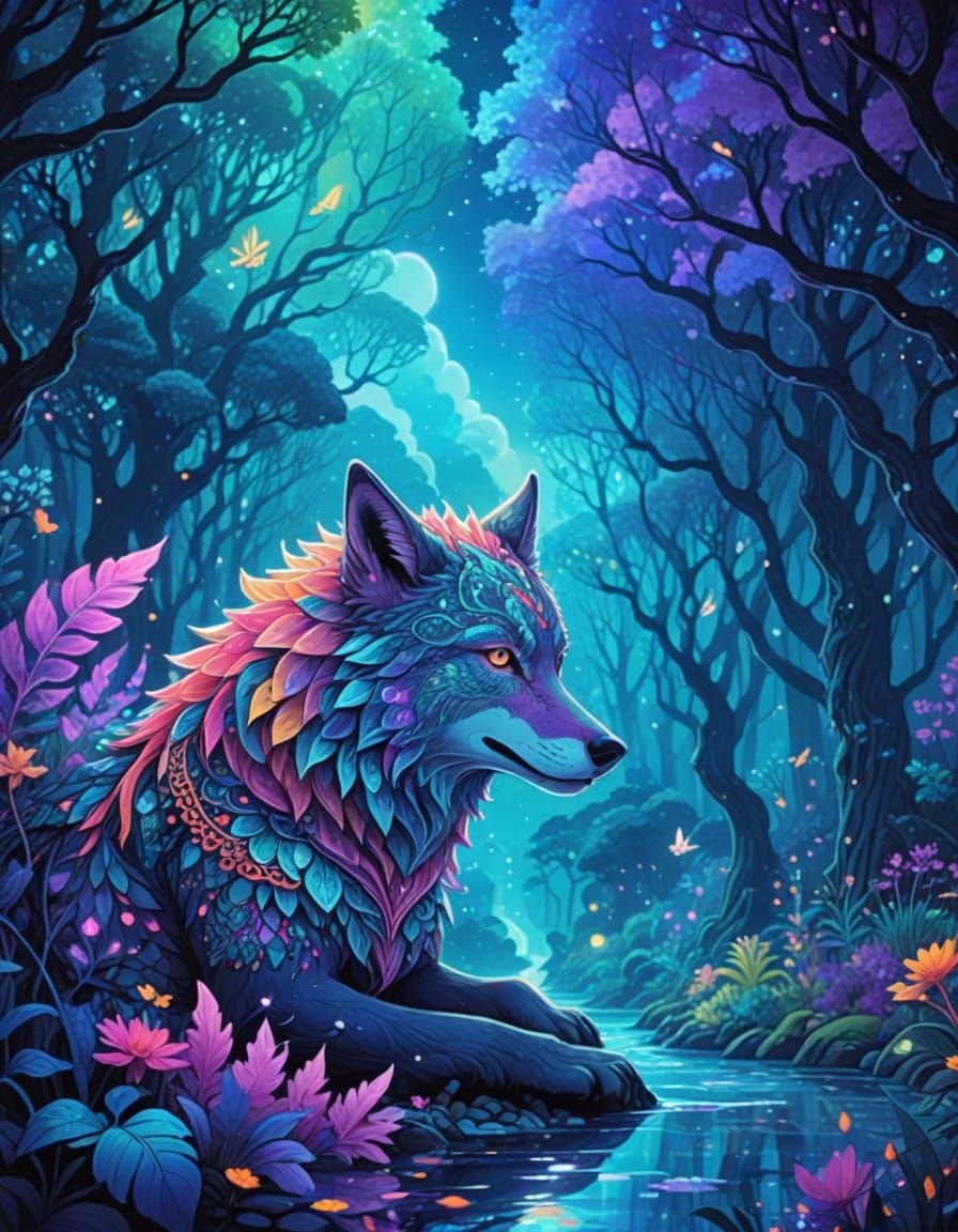 Surreal Fantasy Forest in Moonlight, Glowing with Vibrant Co...
