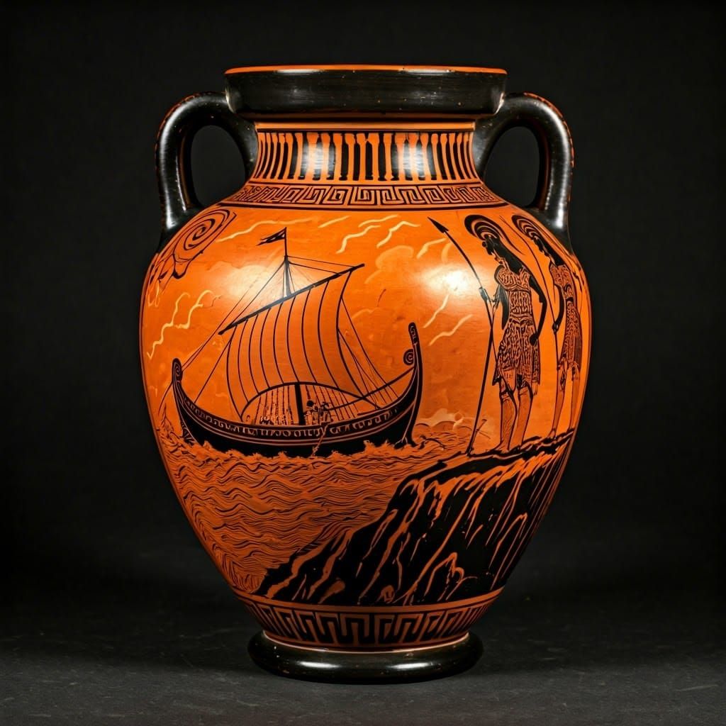 Ancient Greek Vase Painting of Ship and Amazons