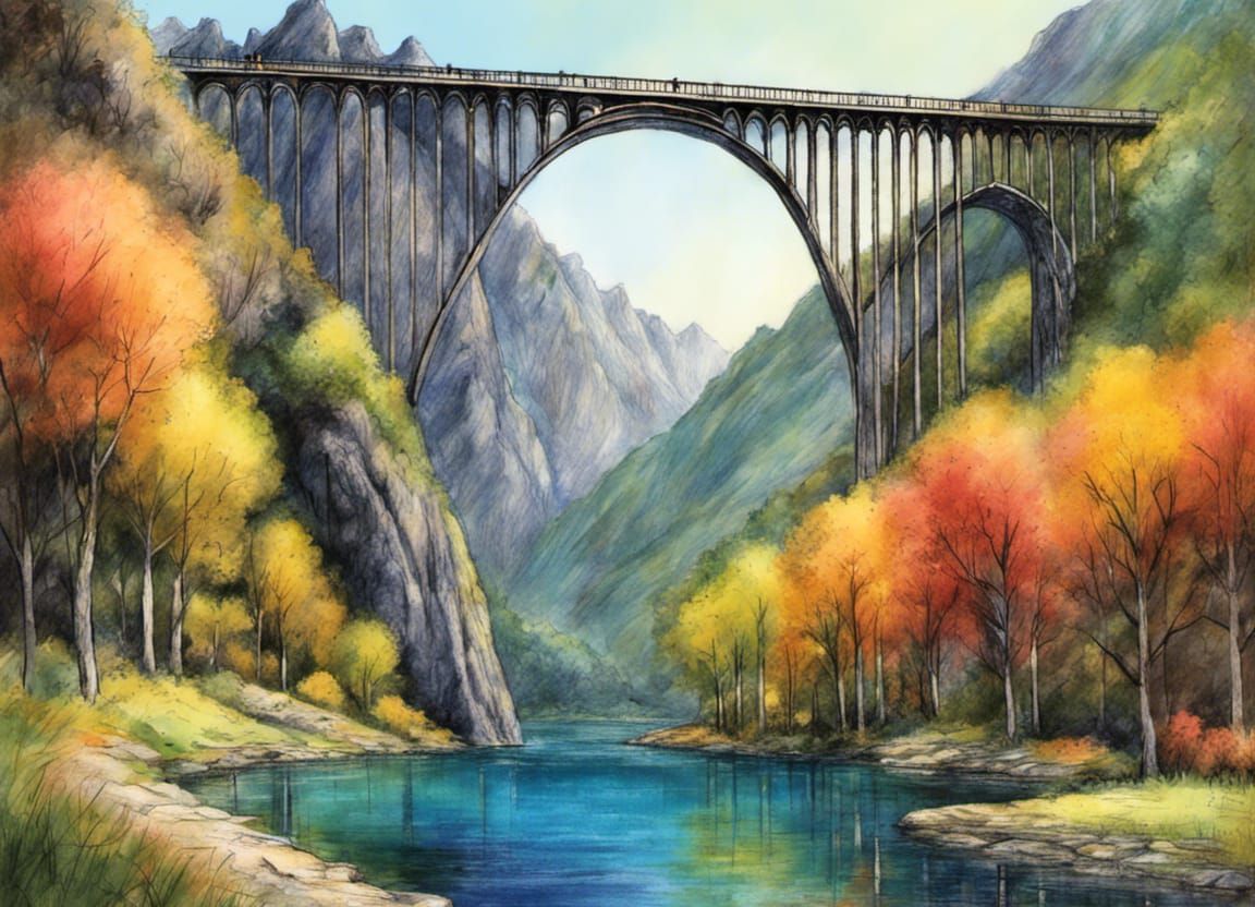 Colorful Crayon Sketch of Viaduct Over Misty Lake